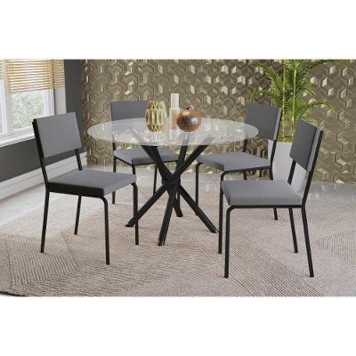 Conjunto: Mesa Sala Jantar Volga C- Tampo De Vidro 95cm E 4 Cadeiras Zaria Preto - Suede Cinza - Kappesberg