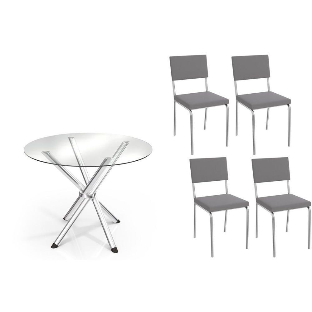 Conjunto: Mesa De Cozinha Volga C- Tampo De Vidro 95cm E 4 Cadeiras Zaria Cromada - Suede Cinza - Kappesberg - 1