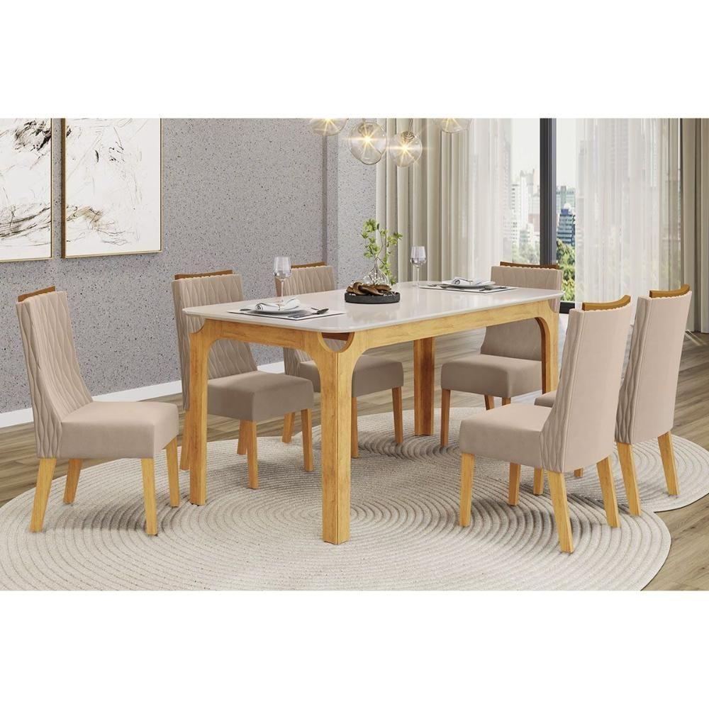 Mesa Multiuso Cozinha Marina C- Tampo Madeirado C- Vidro Curvo 160x80cm Freijo-off White - Dj Móveis - 3