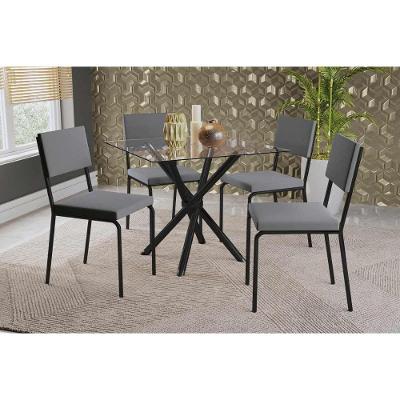 Conjunto: Mesa Sala Jantar Volga C- Tampo De Vidro 90cm E 4 Cadeiras Zaria Preto - Suede Cinza - Kappesberg