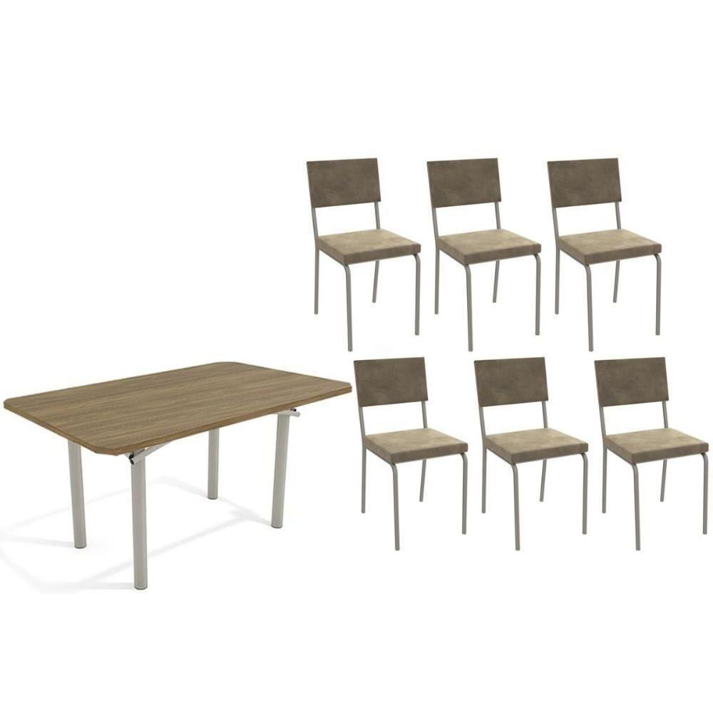 Conjunto: Mesa Sala Jantar Elba C- Tampo De Madeira 160cm E 6 Cadeiras Zaria Niquel-nogueira - Suede Bege - Kappesberg - 1