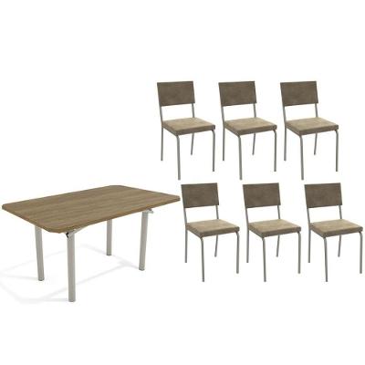 Conjunto: Mesa Sala Jantar Elba C- Tampo De Madeira 160cm E 6 Cadeiras Zaria Niquel-nogueira - Suede Bege - Kappesberg