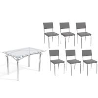 Conjunto: Mesa Sala Jantar Elba C- Tampo De Vidro 120cm E 6 Cadeiras Zaria Cromada - Suede Cinza - Kappesberg - 1