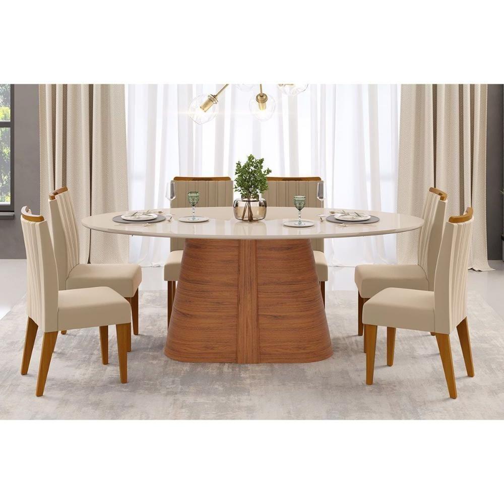 Mesa Multiuso Cozinha Ryze C- Tampo Madeirado C- Vidro Oval 218x108cm Freijo-off White - Dj Móveis - 4