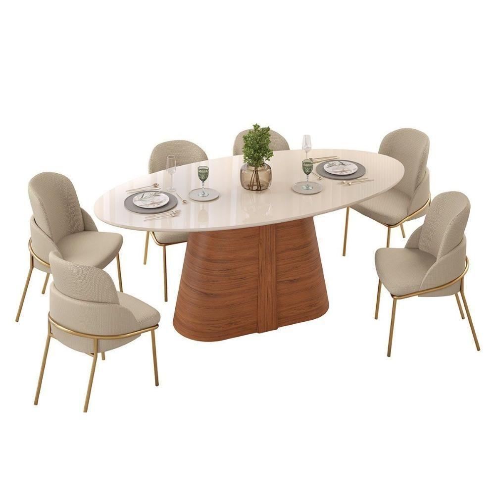 Mesa Multiuso Cozinha Ryze C- Tampo Madeirado C- Vidro Oval 218x108cm Freijo-off White - Dj Móveis - 6