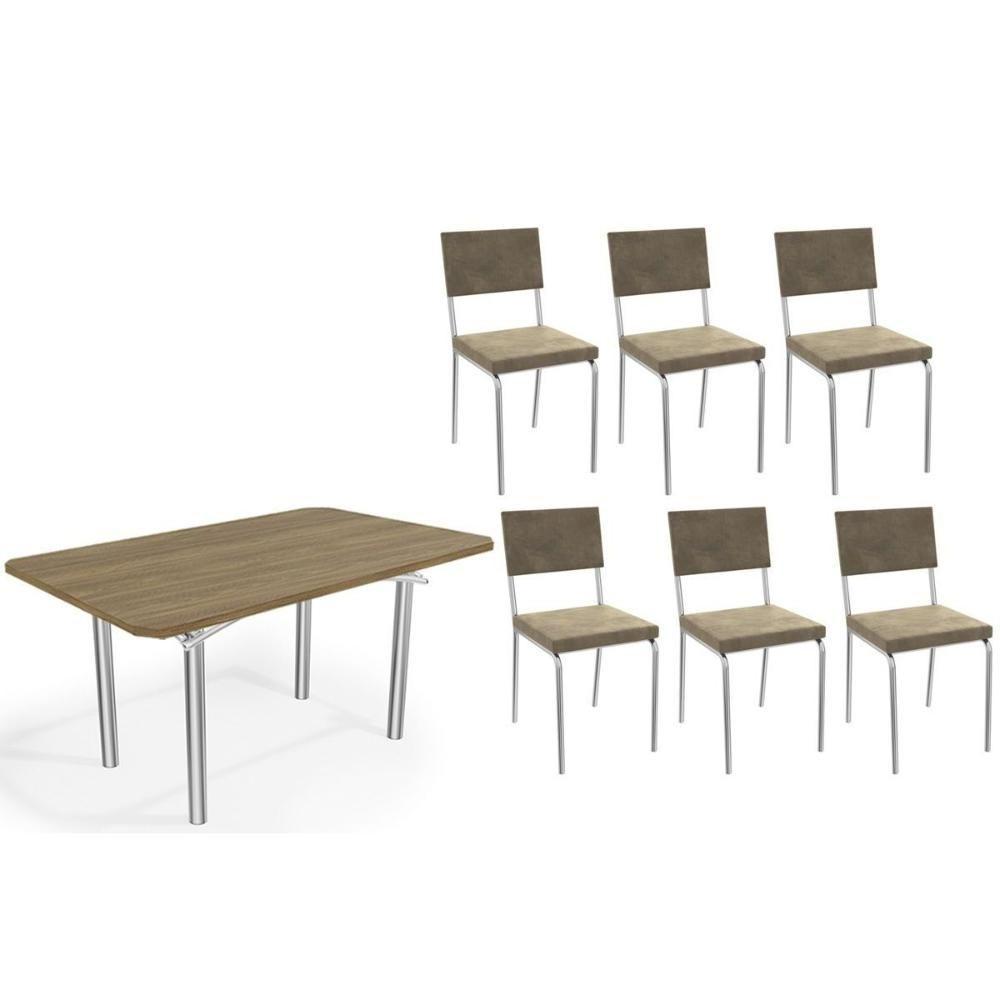 Conjunto: Mesa Sala Jantar Elba C- Tampo De Madeira 160cm E 6 Cadeiras Zaria Cromada-nogueira - Suede Bege - Kappesberg - 1