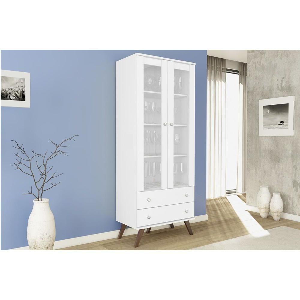 Estante Livreiro De Escritório Esm 217 C- 2 Portas C- Vidro E 2 Gavetas 70cm Branco - Movelbento - 1
