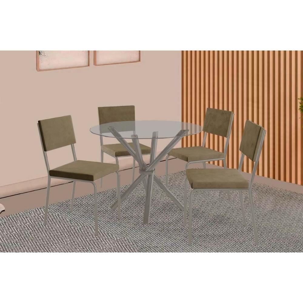 Conjunto: Mesa De Cozinha Volga C- Tampo De Vidro 95cm E 4 Cadeiras Zaria Niquel - Suede Bege - Kappesberg - 1