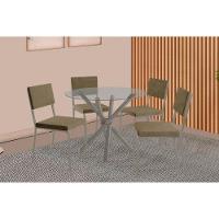 Conjunto: Mesa De Cozinha Volga C- Tampo De Vidro 95cm E 4 Cadeiras Zaria Niquel - Suede Bege - Kappesberg - 1