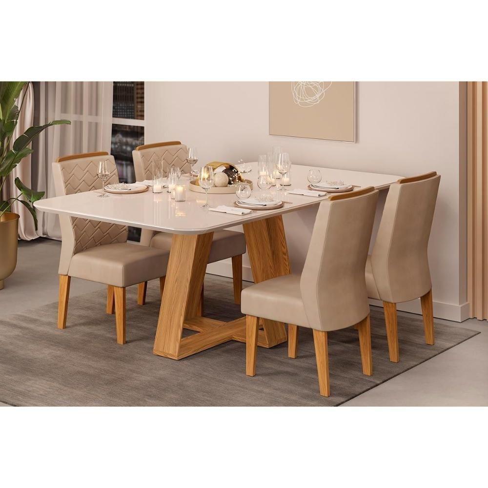 Mesa P- Cozinha Kiara C- Tampo Madeirado Vidro Curvo 160x90cm Cedro-off White - Dj Móveis - 6