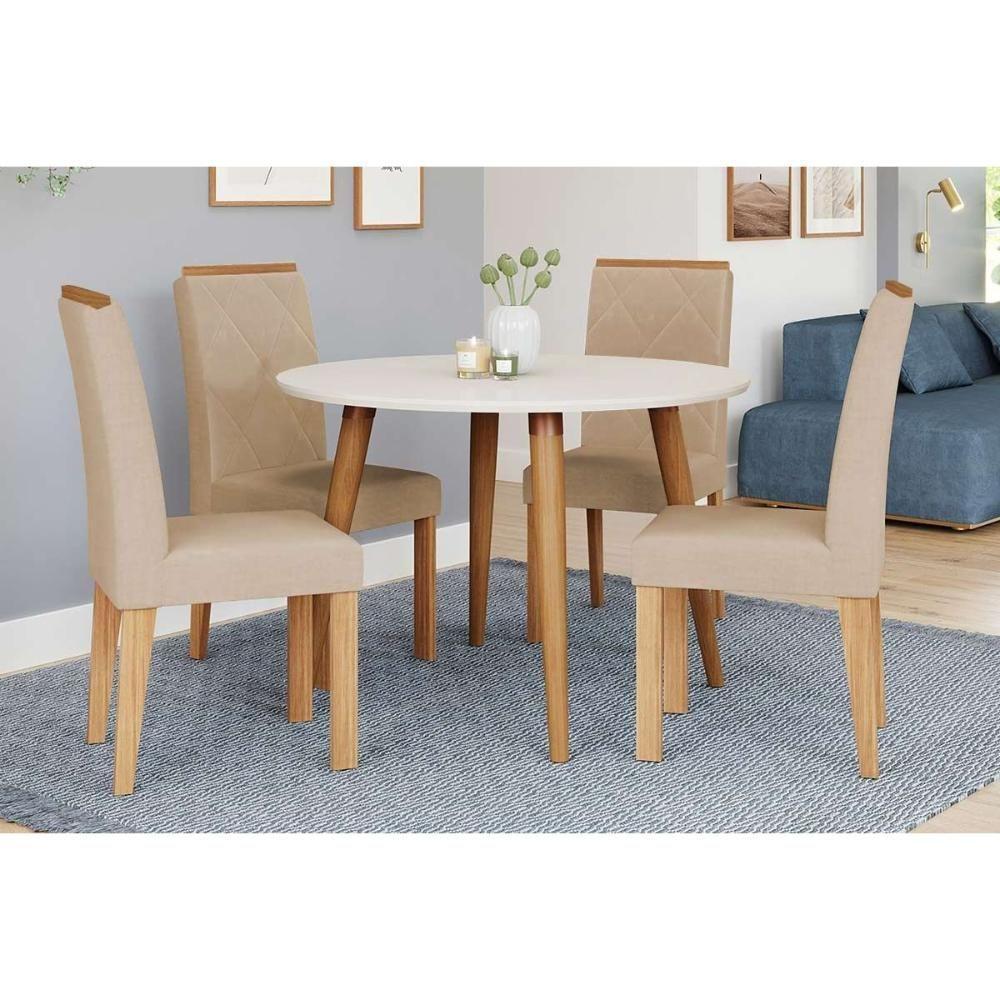 Conjunto: Mesa Sala Jantar Dani Tampo Madeirado 110cm E 4 Cadeiras Fernanda Madeirado-off White - Nature-madeirado-suede N - Cimol - 1