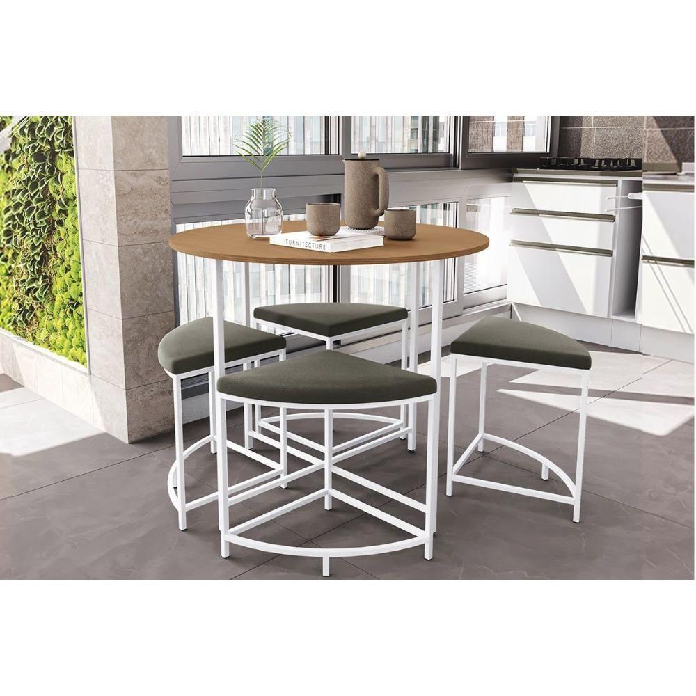 Mesa P- Cozinha Li038 C- Tampo Madeirado 90 Cm + 4 Banquetas Canela-branco - Kappesberg - 1