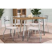 Conjunto: Mesa Sala Jantar Iguaçu C- Tampo De Madeira 1.60cm + 6 Cadeiras Portugal Cromada-branco 106 - Kappesberg - 1