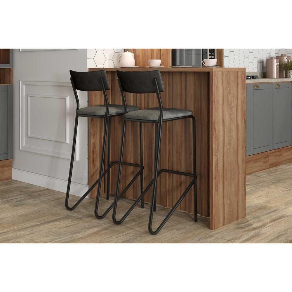 Balcão Ilha Cozinha Gourmet Bella 2613 120cm E 2 Banquetas 1747 Nogal - Preto-grafite - Preto - Carraro - 1