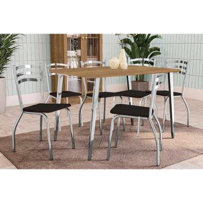 Conjunto: Mesa Sala Jantar Iguaçu C- Tampo De Madeira 1.60cm + 6 Cadeiras Portugal Cromada - Courano Preto - Kappesberg