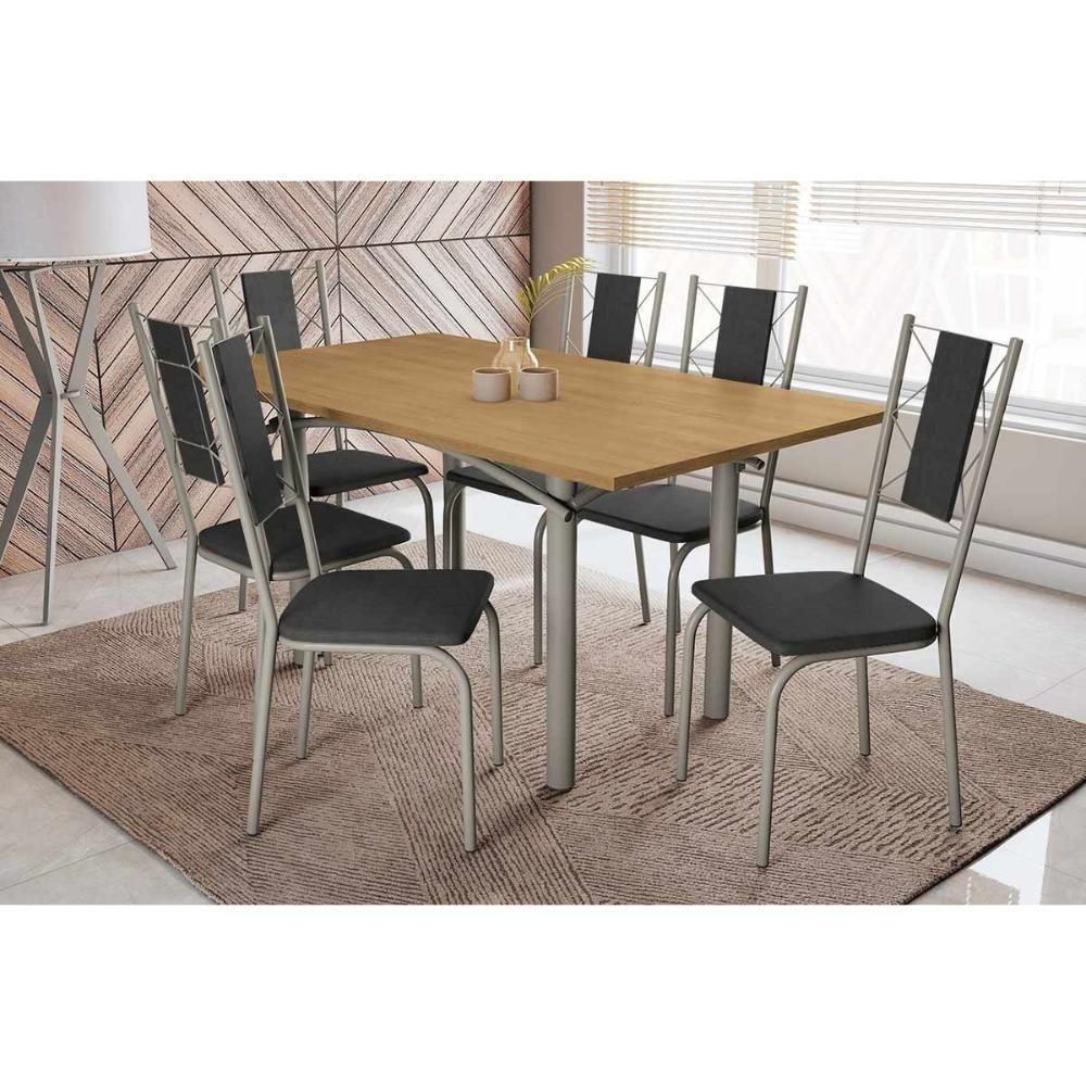 Conjunto: Mesa De Cozinha Elba C- Tampo De Madeira 160cm E 6 Cadeiras Lisboa Niquel-nogueira - Corano Preto - Kappesberg - 1