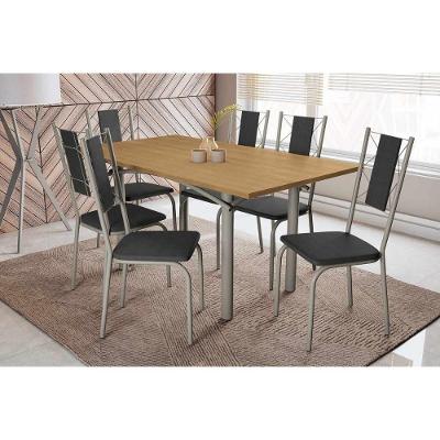 Conjunto: Mesa De Cozinha Elba C- Tampo De Madeira 160cm E 6 Cadeiras Lisboa Niquel-nogueira - Corano Preto - Kappesberg