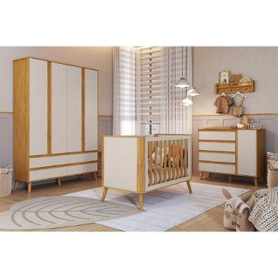 Quarto Infantil Completo Theo Kit 3 Peças com Guarda Roupa Berço Cômoda Off White Amendoa Móveis