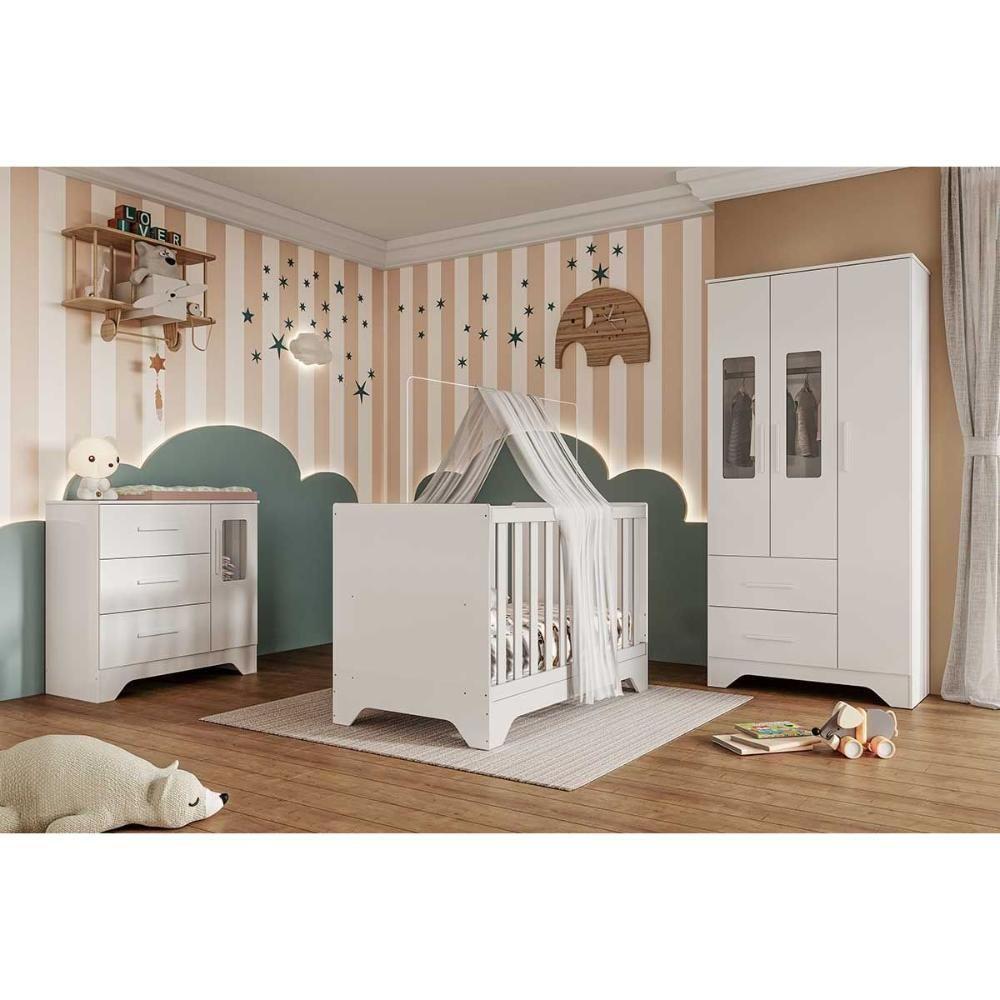 Quarto Infantil Completo Popy 3 Peças (1guardaroupa+1berço+1cômoda) Qi111 Branco - Peroba - 1