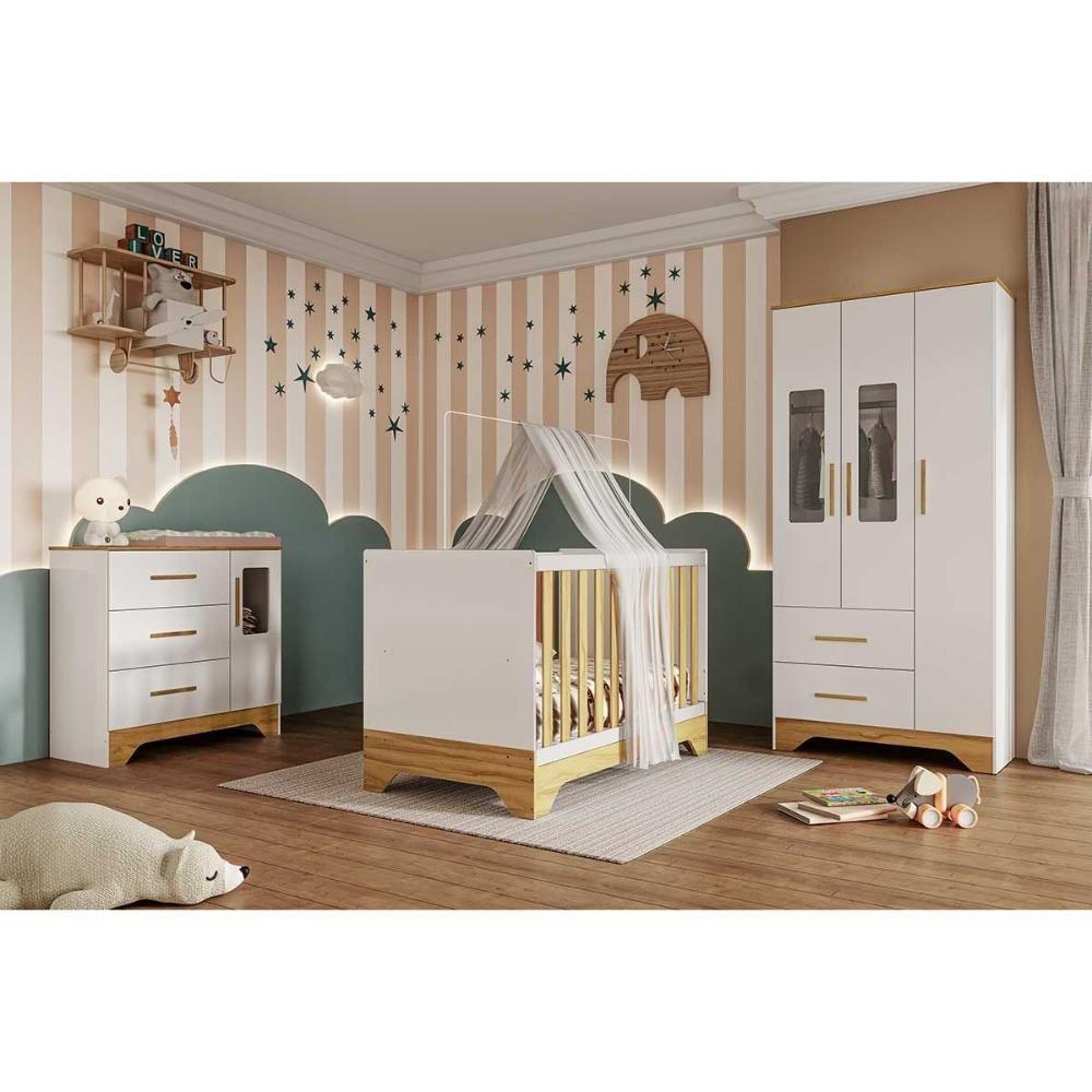 Quarto Infantil Completo Popy 3 Peças (1guardaroupa+1berço+1cômoda) Qi111 Branco-amendoa - Peroba - 1