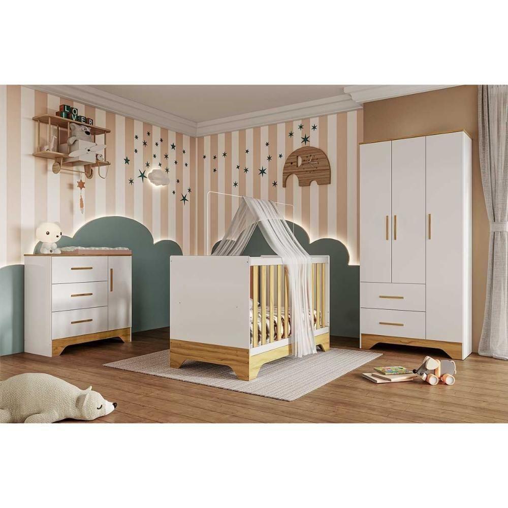 Quarto Infantil Completo Popy 3 Peças (1guardaroupa+1berço+1cômoda) Qi109 Branco-amendoa - Peroba - 1