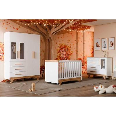 Quarto Infantil Completo Retrô 3 Peças (1guardaroupa+1berço+1cômoda) Qi112 Branco-amendoa - Peroba