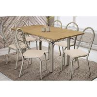 Conjunto: Mesa De Cozinha Elba C- Tampo De Madeira 160cm E 6 Cadeiras Noruega Niquel-nogueira - Corano Bege - Kappesberg - 1