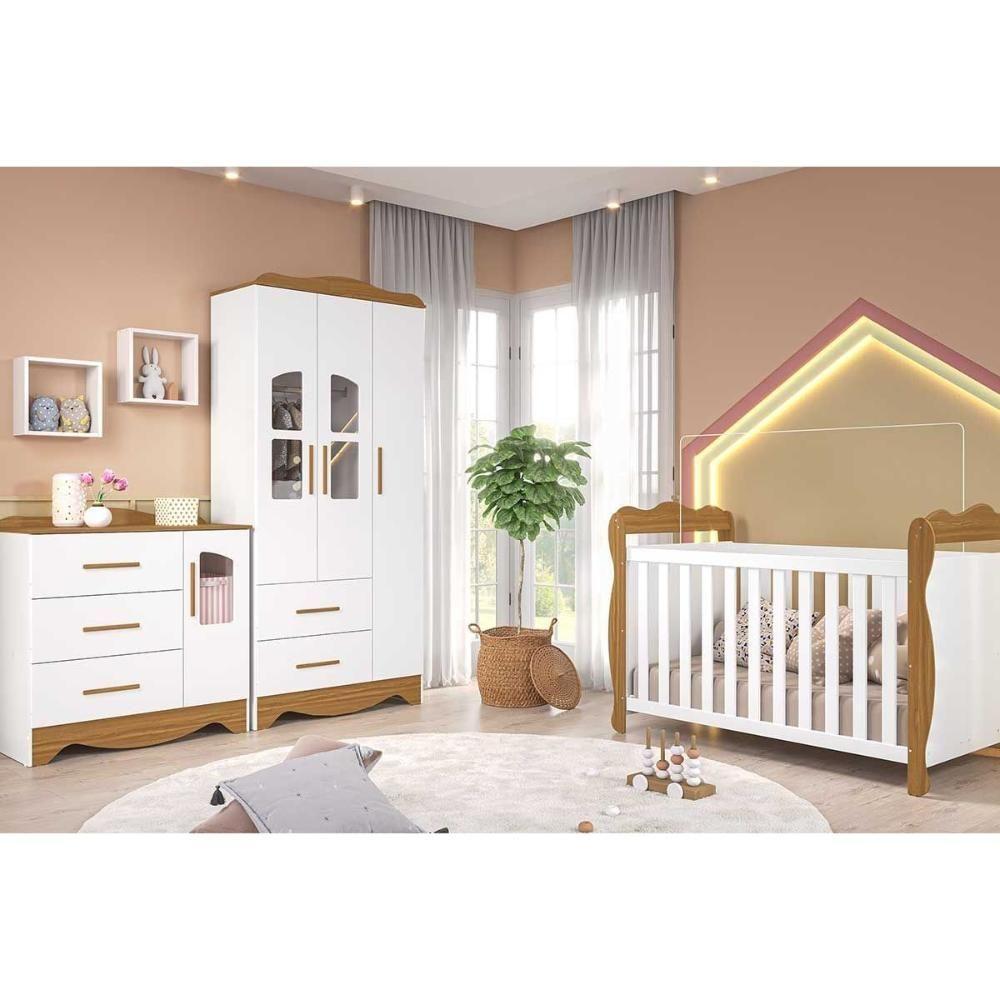 Quarto Infantil Completo Lisi 3 Peças (1guardaroupa+1berço+1cômoda) Qi115 Branco-amendoa - Peroba - 1