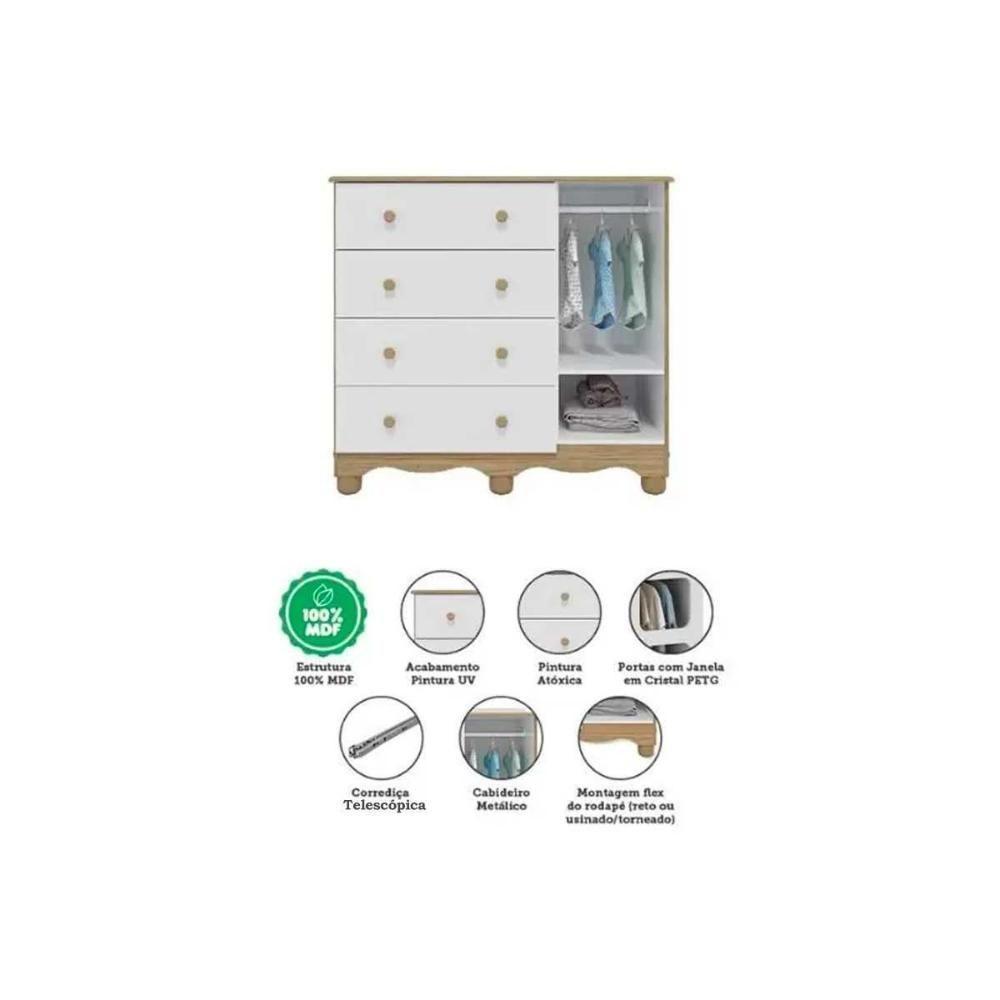 Quarto Infantil Completo Uli 3 Peças (1guardaroupa+1berço+1cômoda) Qi108 Branco-amendoa - Peroba - 8