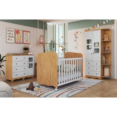 Quarto Infantil Completo Uli 3 Peças (1guardaroupa+1berço+1cômoda) Qi108 Branco-amendoa - Peroba