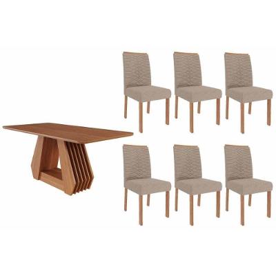Conjunto: Mesa De Cozinha ágata Tampo Madeirado 180x90cm E 6 Cadeiras Clarice Cinamomo - Carvalho-linho Bege - Cimol