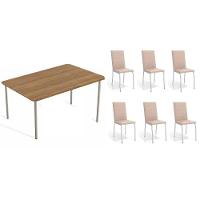 Conjunto: Mesa De Cozinha Sena C- Tampo De Madeira 1.60cm + 6 Cadeiras Amsterdã Niquel-corano Bege - Kappesberg - 1