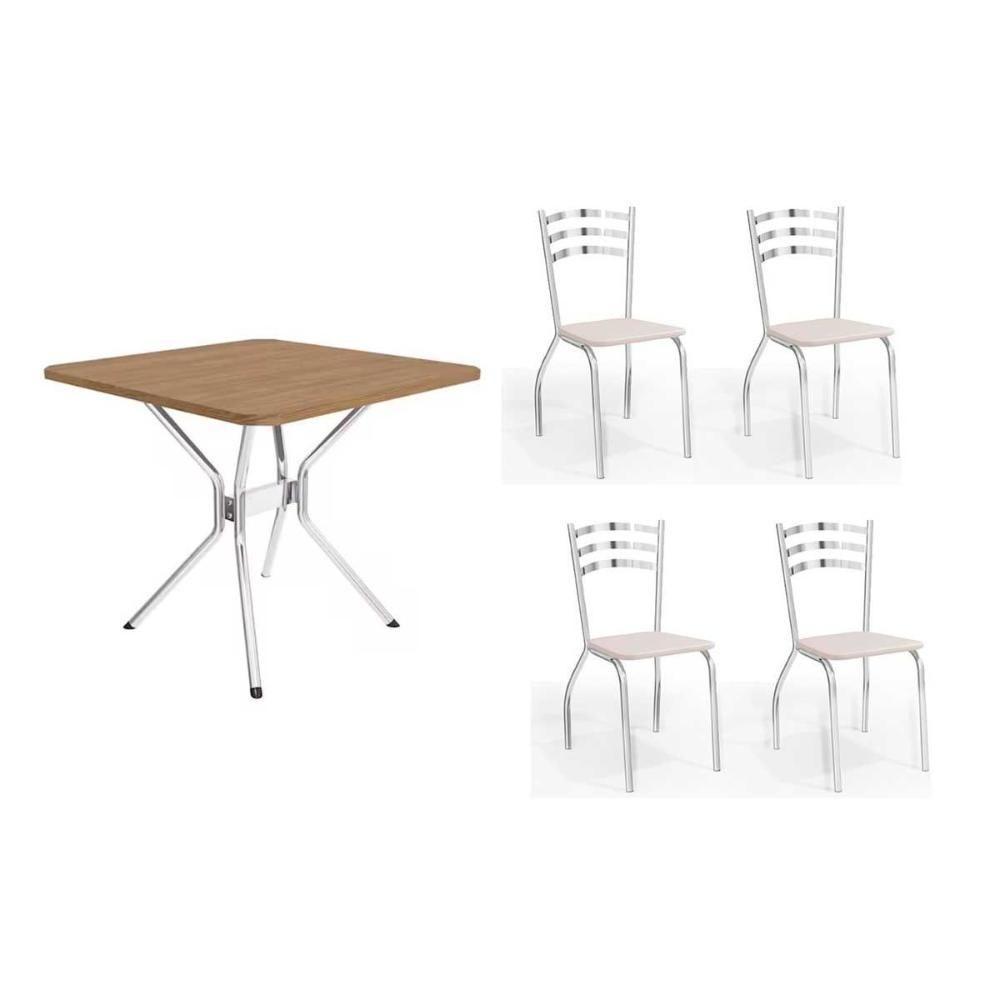 Conjunto: Mesa De Cozinha Loire C- Tampo De Madeira 90cm + 4 Cadeiras Portugal Cromada-branco 106 - Kappesberg - 1