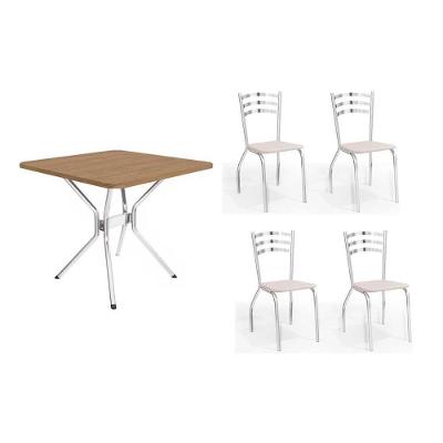 Conjunto: Mesa De Cozinha Loire C- Tampo De Madeira 90cm + 4 Cadeiras Portugal Cromada-branco 106 - Kappesberg