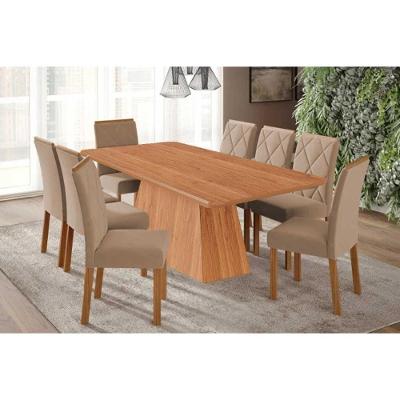 Conjunto: Mesa Sala Jantar Helena Tampo Madeirado 210x100cm E 8 Cadeiras Fernanda Cinamomo - Carvalho-linho Bege - Cimol
