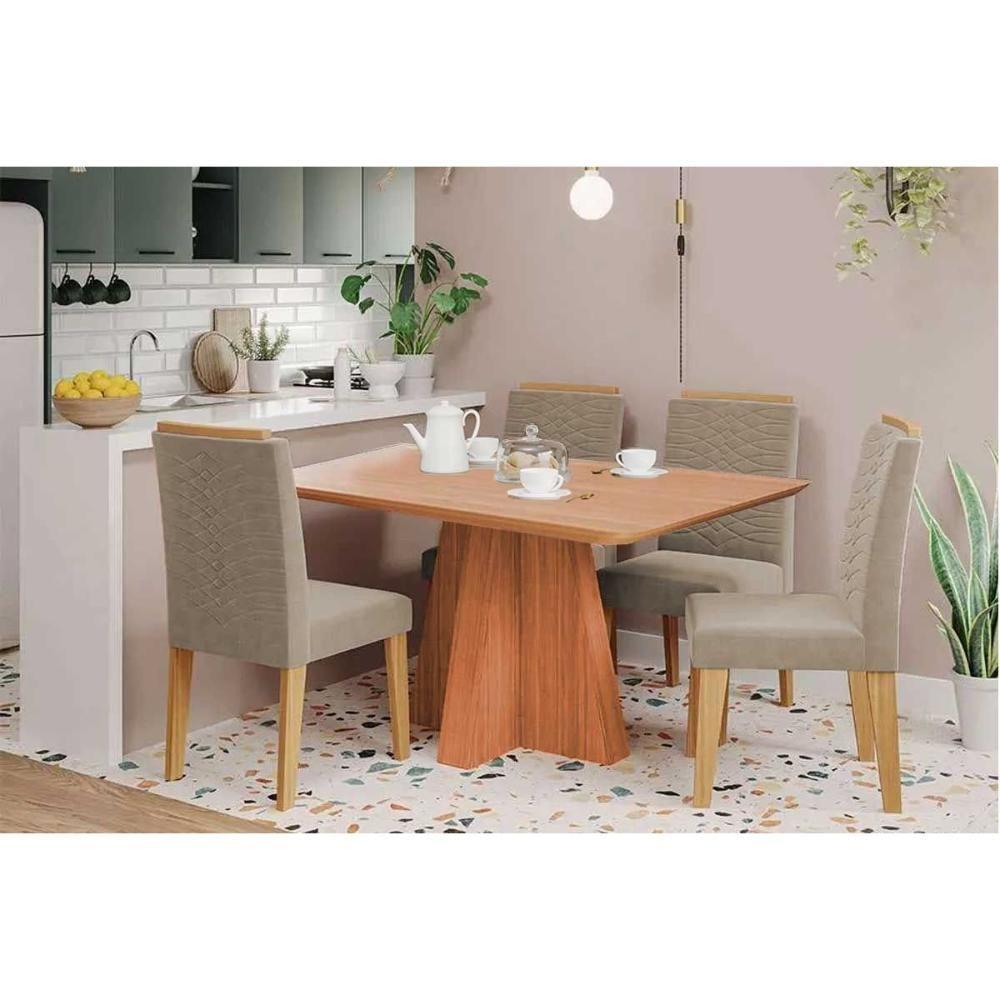 Conjunto: Mesa De Cozinha Maitê Tampo Madeirado 130x80cm E 4 Cadeiras Clarice Cinamomo - Carvalho-linho Bege - Cimol - 1