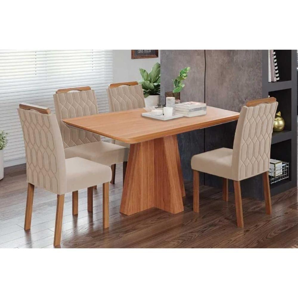 Conjunto: Mesa De Cozinha Maitê Tampo Madeirado 130x80cm E 4 Cadeiras Paola Cinamomo - Carvalho-suede Nude Bege - Cimol - 1