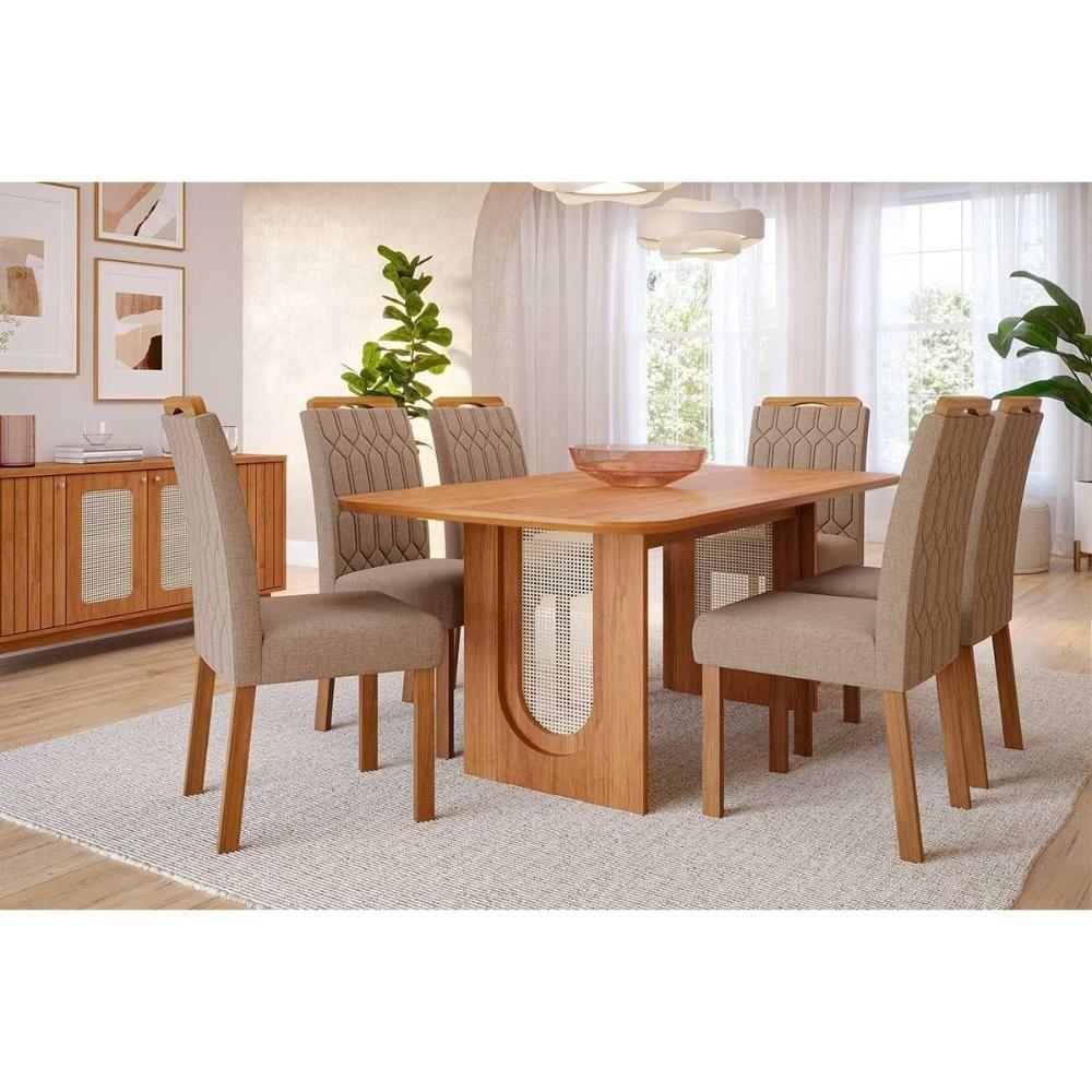 Conjunto: Mesa De Cozinha Valentina Tampo Madeirado 180x90cm E 6 Cadeiras Paola Cinamomo - Carvalho-linho Bege - Cimol - 1