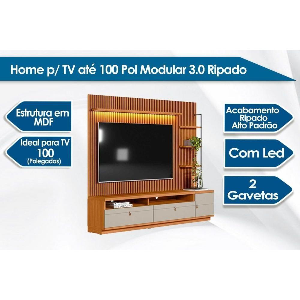 Estante P- Sala Até 75 Pol Ouro Preto Ripado C- 2gav. 1pta. 3 Prat. E Leds 224x198cm Nature-off White - Linea Brasil - 5