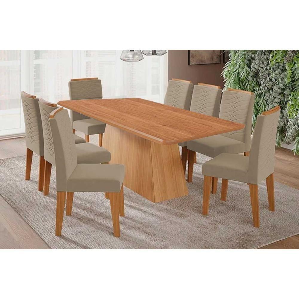 Conjunto: Mesa Sala Jantar Helena Tampo Madeirado 210x100cm E 8 Cadeiras Clarice Cinamomo - Carvalho-linho Bege - Cimol - 1