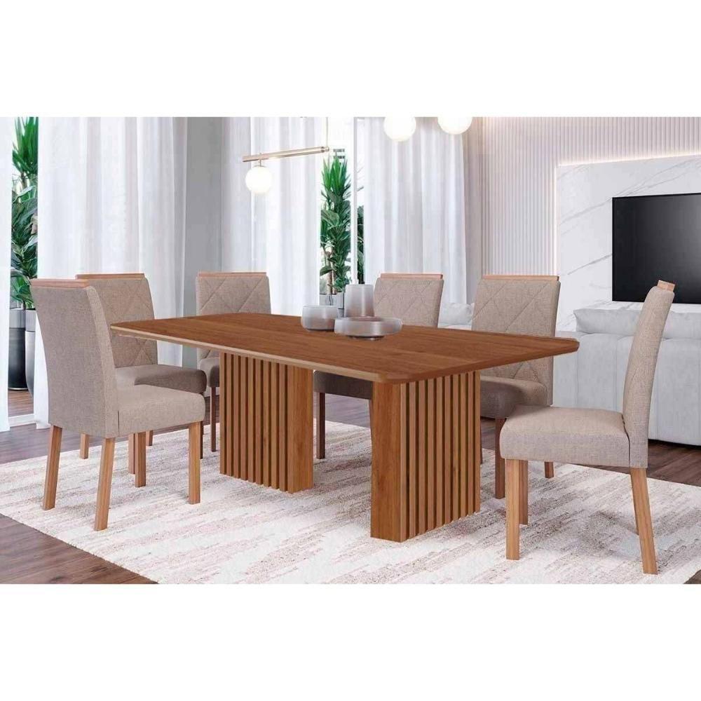 Conjunto: Mesa De Cozinha Ester Tampo Madeirado 180x90cm E 6 Cadeiras Fernanda Cinamomo - Carvalho-linho Bege - Cimol - 1