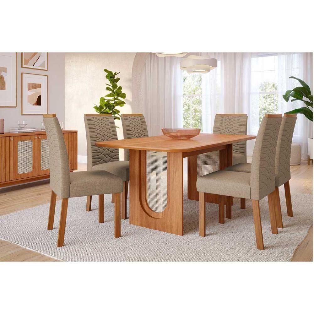 Conjunto: Mesa De Cozinha Valentina Tampo Madeirado 180x90cm E 6 Cadeiras Clarice Cinamomo - Carvalho-linho Bege - Cimol - 1
