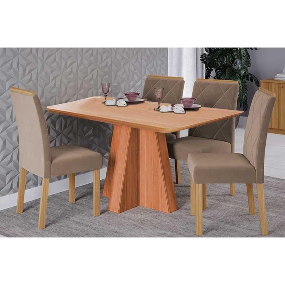 Conjunto: Mesa De Cozinha Maitê Tampo Madeirado 130x80cm E 4 Cadeiras Fernanda Cinamomo - Carvalho-linho Bege - Cimol - 1