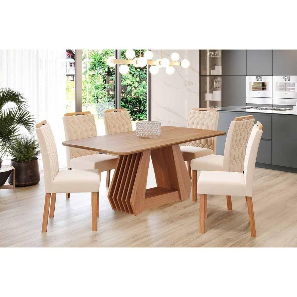 Conjunto: Mesa De Cozinha ágata Tampo Madeirado 180x90cm E 6 Cadeiras Paola Cinamomo - Carvalho-suede Nude Bege - Cimol - 1