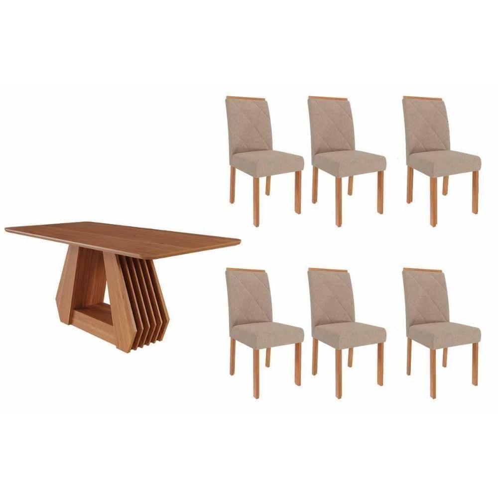 Conjunto: Mesa De Cozinha ágata Tampo Madeirado 180x90cm E 6 Cadeiras Fernanda Cinamomo - Carvalho-linho Bege - Cimol - 1