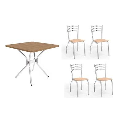 Conjunto: Mesa De Cozinha Loire C- Tampo De Madeira 90cm + 4 Cadeiras Portugal Cromada-nude 16 - Kappesberg