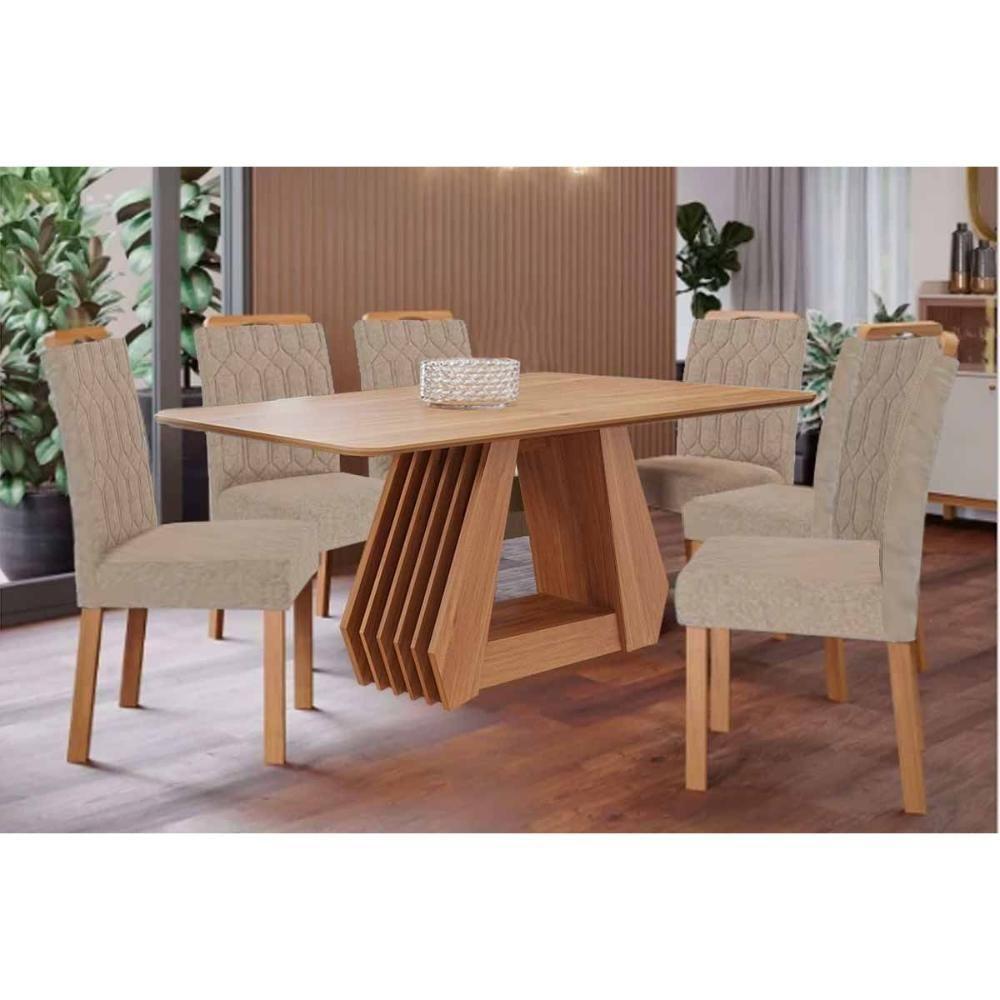 Conjunto: Mesa De Cozinha ágata Tampo Madeirado 180x90cm E 6 Cadeiras Paola Cinamomo - Carvalho-linho Bege - Cimol - 1