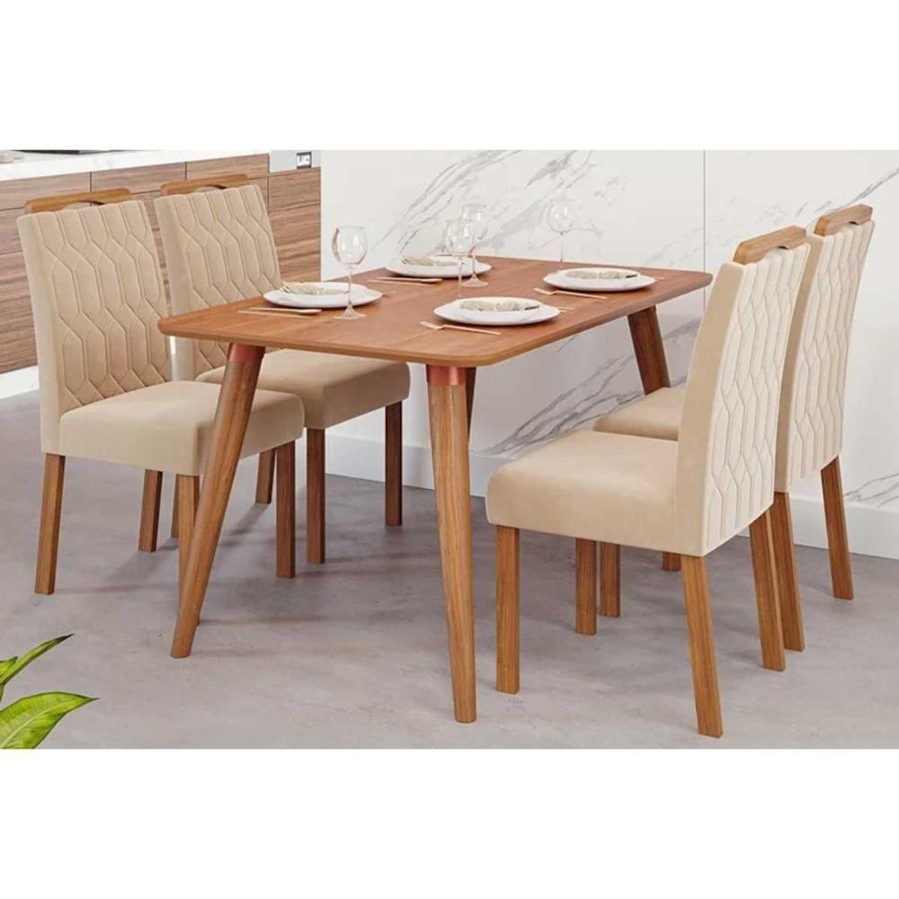 Conjunto: Mesa De Cozinha Adele Tampo Madeirado 130x80cm E 4 Cadeiras Paola Carvalho-cinamomo - Suede Nude Bege - Cimol - 1