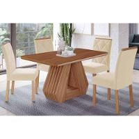 Conjunto: Mesa De Cozinha ágata Tampo Madeirado 130x80cm E 4 Cadeiras Fernanda Cinamomo - Carvalho-linho Bege - Cimol - 1