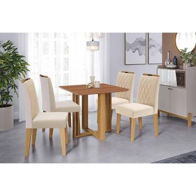 Conjunto: Mesa De Cozinha Flora Tampo Madeirado 95x95cm E 4 Cadeiras Juliana Cinamomo - Carvalho-suede Nude Bege - Cimol
